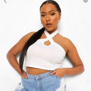 Plus Ribbed Keyhole Halter Neck Top